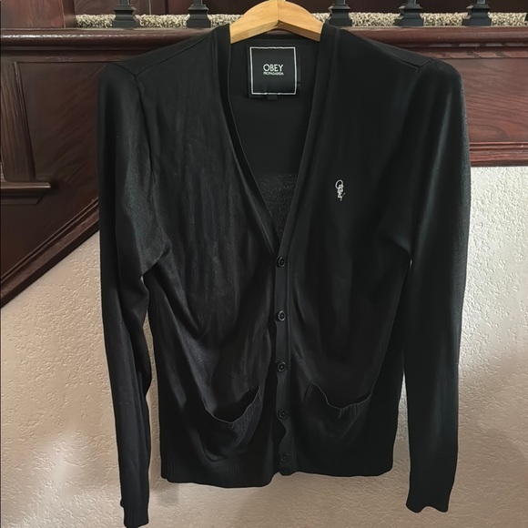 Obey Women’s Size Medium Black Knit Cardigan Casual Light Weight V Neck Sweater - Picture 1 of 5